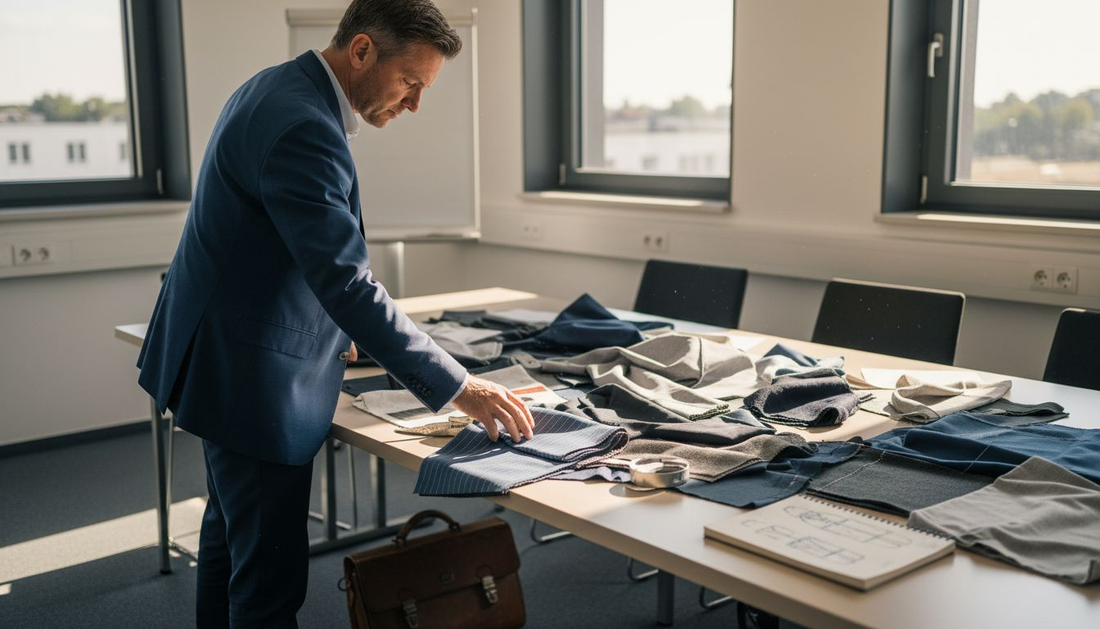 Ein Abteilungsleiter begutachtet verschiedene Stoffmuster, um die passende Auswahl für das Unternehmen zu treffen.