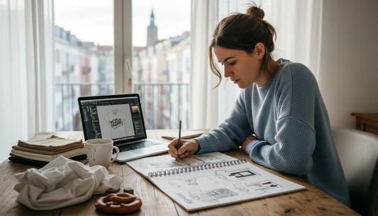 Eine Frau entwirft an einem hellen Arbeitstisch ein T-Shirt.