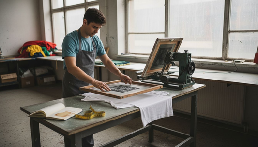 Ein Mitarbeiter bedient in der Werkstatt die Siebdruckmaschine für den T-Shirt-Druck.