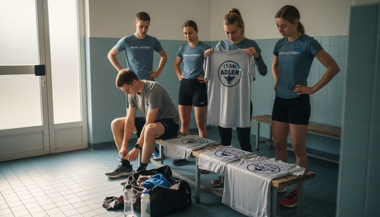Das Team begutachtet die frisch bedruckten Trikots in der Umkleidekabine.