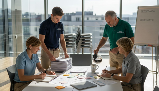 Gemeinsames Teammeeting im Büro – alle tragen die gleiche Firmenkleidung.