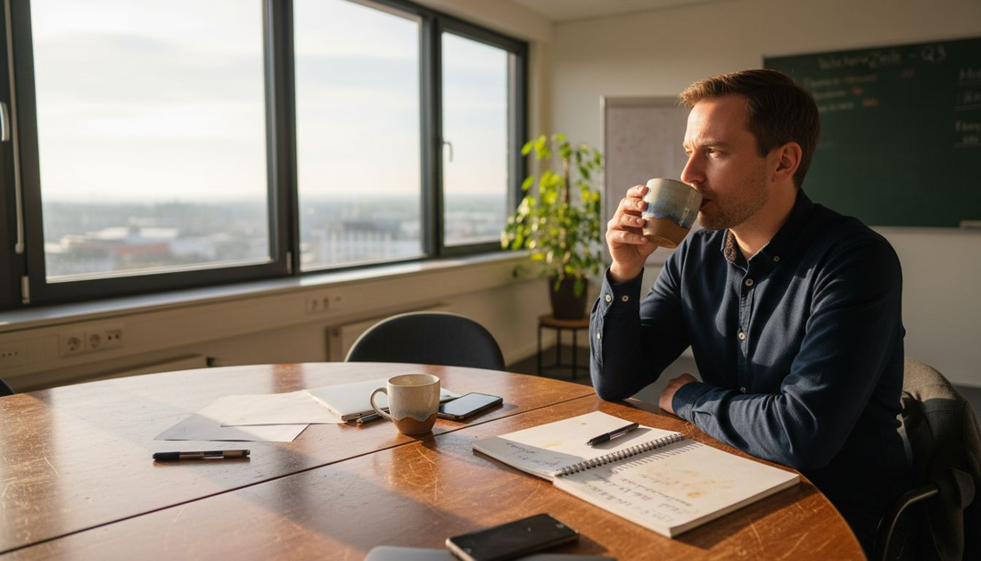 Mitarbeiter genießt seinen Kaffee im Büro aus seiner persönlichen Lieblingstasse.