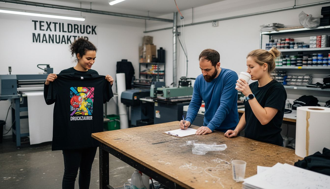 Ein kleines Team aus dem Mittelstand begutachtet gemeinsam neue Stoffmuster und diskutiert deren Qualität und Design.