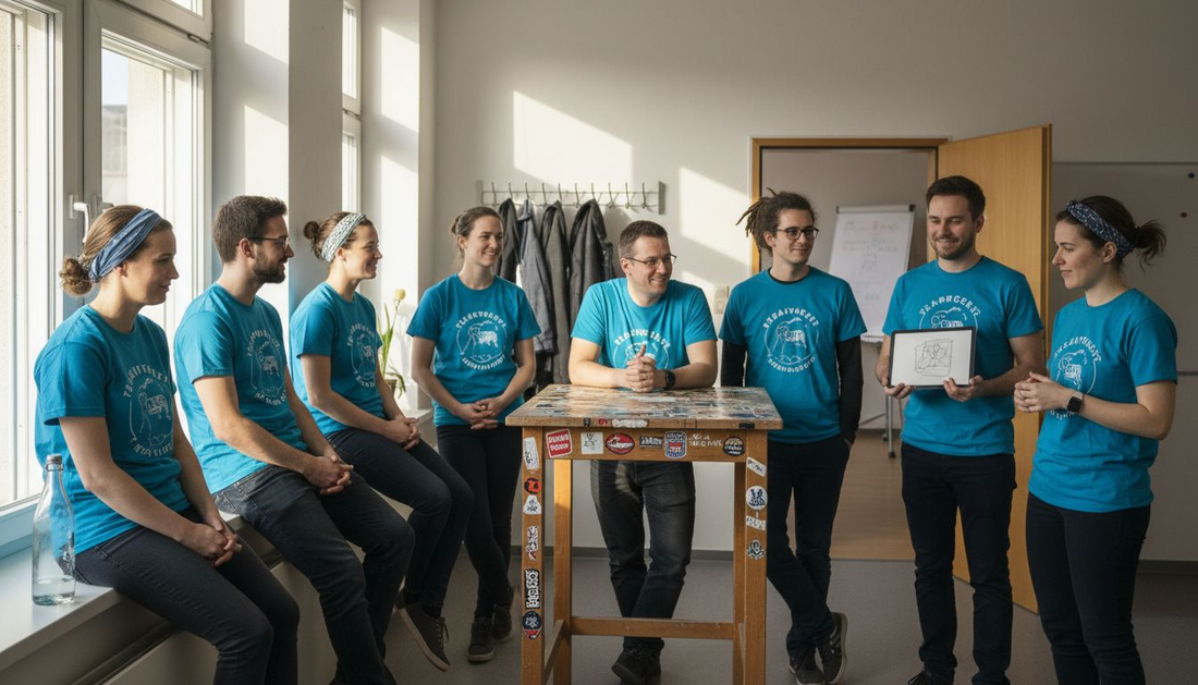 Bei uns im Büro trägt jedes Teammitglied sein ganz eigenes, farbiges T-Shirt – so bringt jeder ein Stück Persönlichkeit in den Arbeitsalltag.