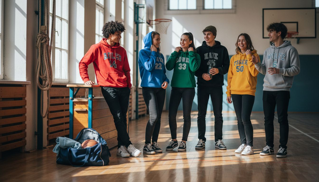 Ein Team trägt individuell gestaltete Hoodies beim Training im Fitnessstudio.
