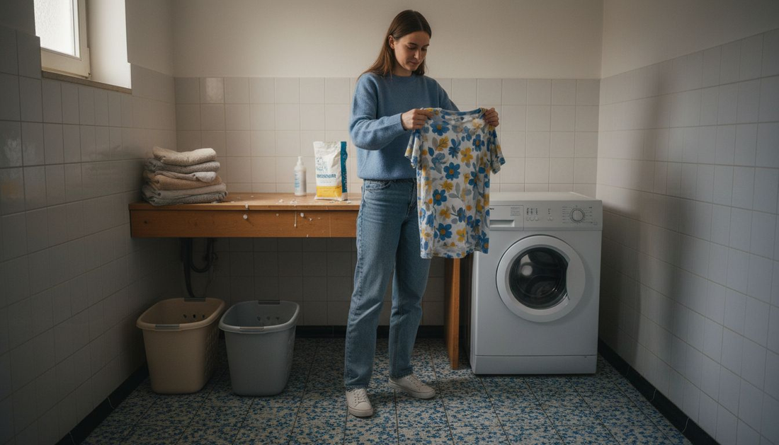 Bevor sie ihr bedrucktes T-Shirt in die Waschmaschine gibt, dreht die Frau es auf links.