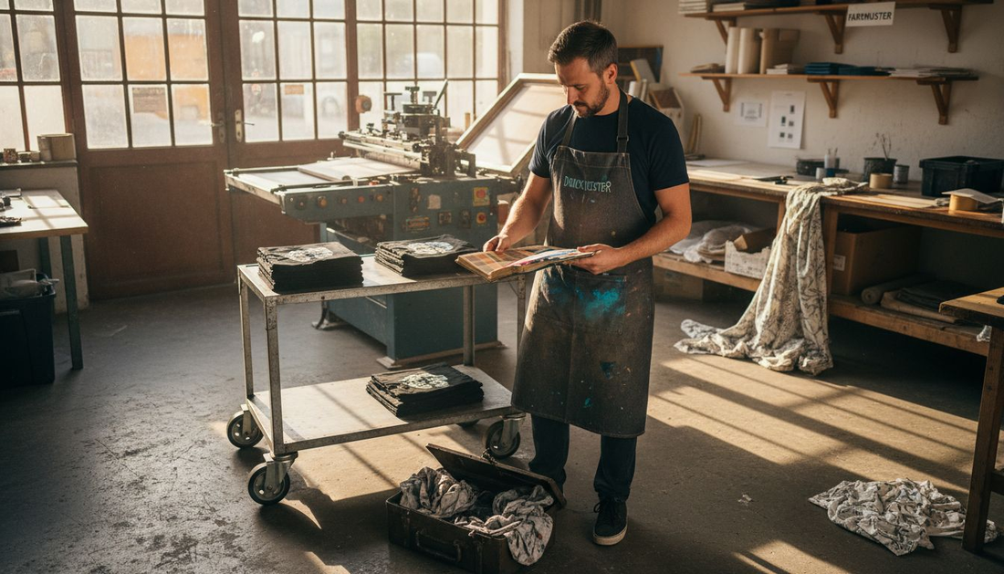 Ein Druckexperte überprüft sorgfältig die Qualität des Textildrucks.