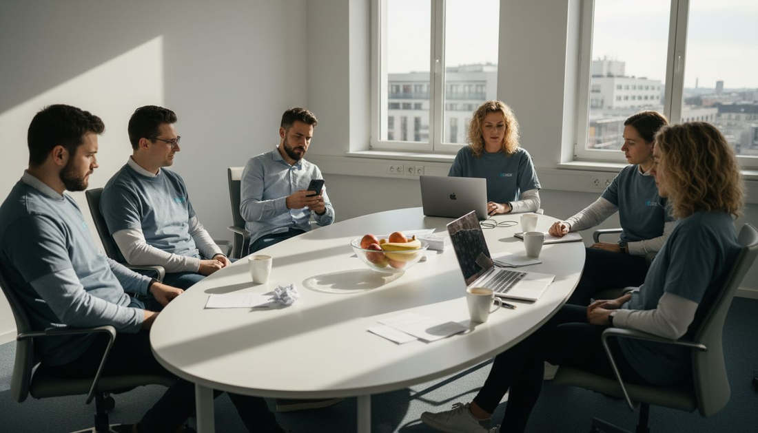 Ein Team in einheitlicher Arbeitskleidung bei einer Besprechung im Konferenzraum