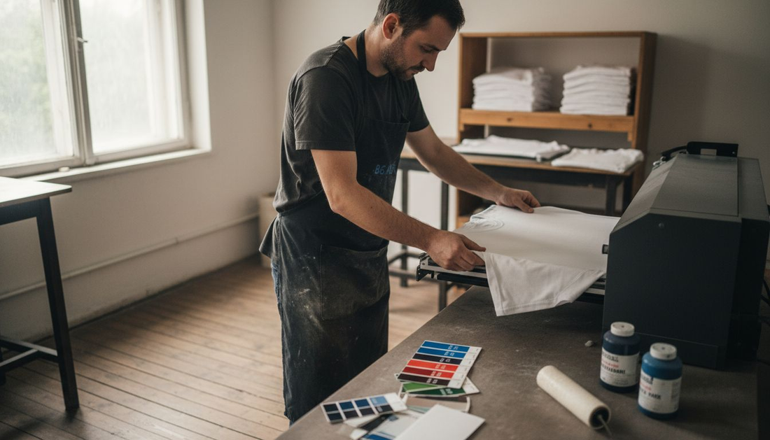 Ein Techniker spannt ein T-Shirt in den DTG-Drucker ein.
