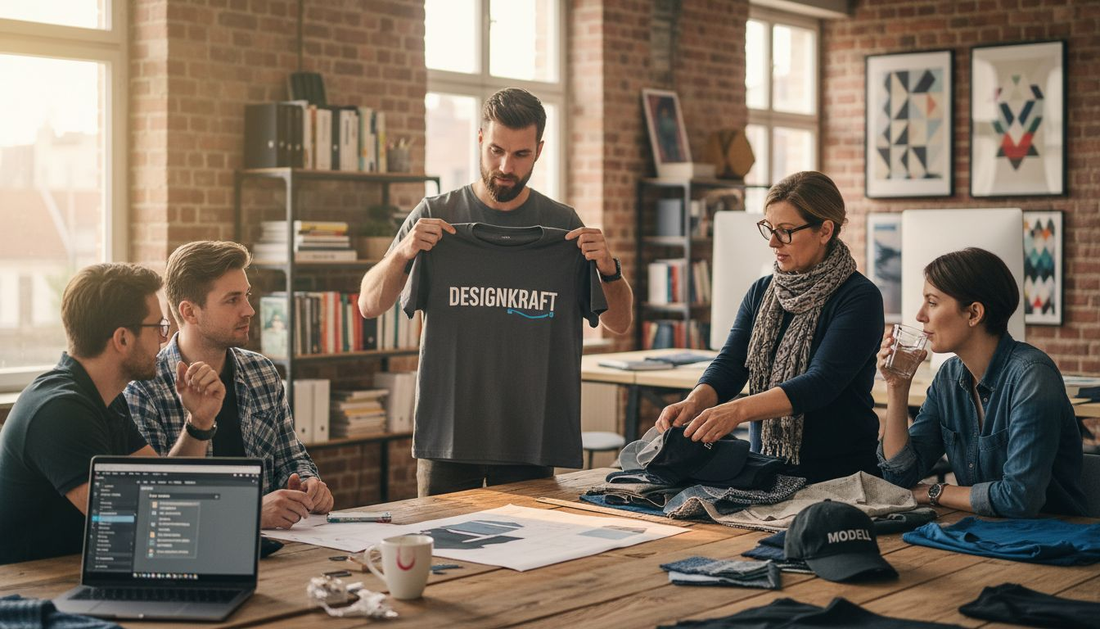 Das Team begutachtet gemeinsam individuell bedruckte Stoffmuster und tauscht sich über die Qualität und das Design aus.