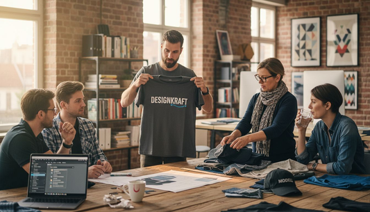 Das Team begutachtet gemeinsam individuell bedruckte Stoffmuster und tauscht sich über die Qualität und das Design aus.