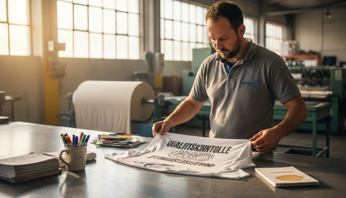 Ein Fachmann prüft die Qualität des bedruckten T-Shirts.