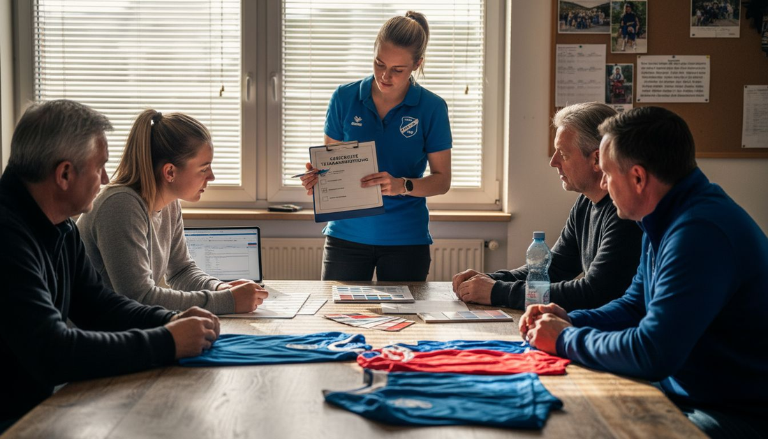 Das Team sitzt gemeinsam am Besprechungstisch und geht die Checkliste für die neuen T-Shirts durch.