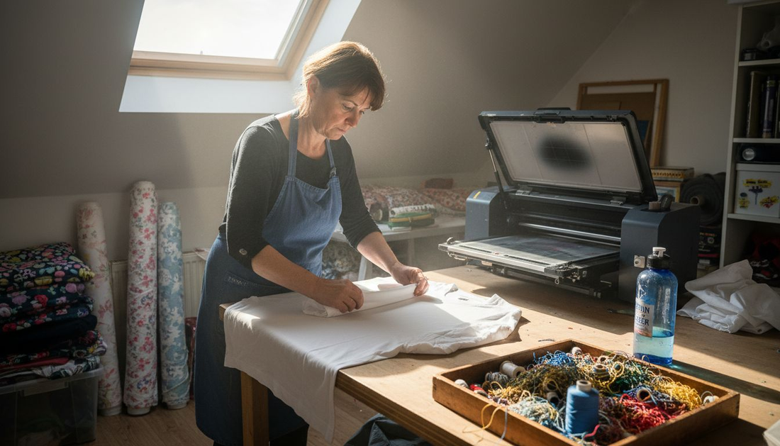Eine Frau bereitet ein T-Shirt an einer Textildruckstation für den Druck vor.