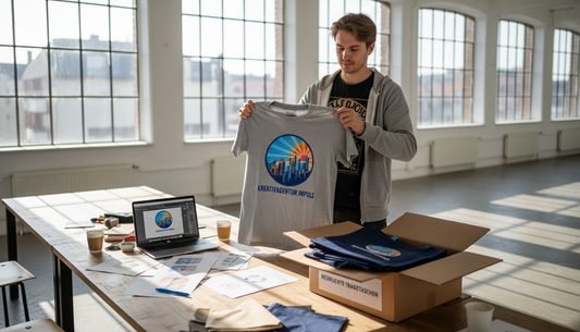 Im Büro präsentiert die Marketingmanagerin neue Textilkollektionen und stellt die bedruckte Kleidung ihren Kollegen vor.