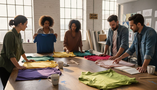 Ein Team sucht im Studio gemeinsam bunte T-Shirts aus.