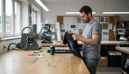 Ein Textiltechniker nimmt den frisch aufgebrachten Direktdruck genau unter die Lupe.