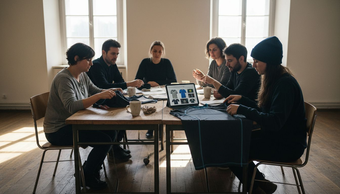 Das Team begutachtet gemeinsam Muster der neuen Kollektion.