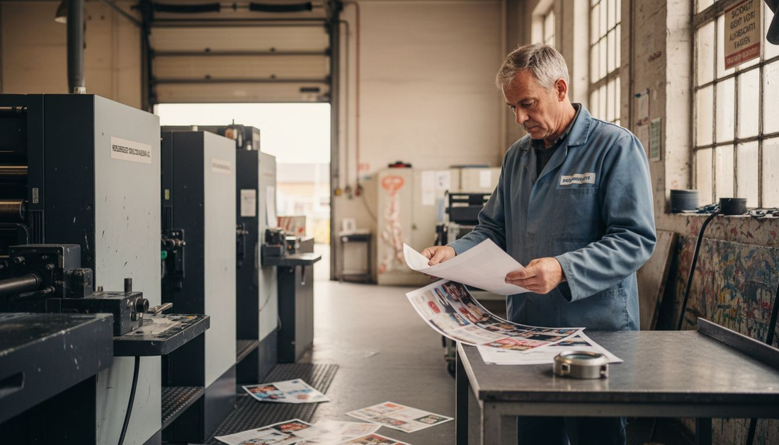 Ein Drucktechniker kontrolliert direkt an der Offsetmaschine die frischen Druckbögen auf ihre Qualität.