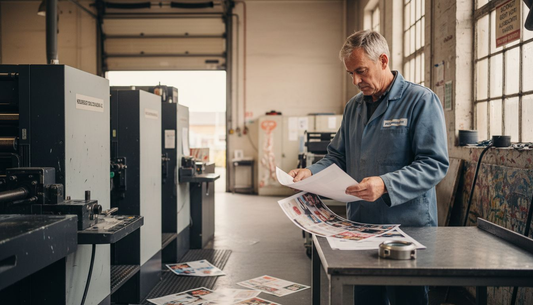 Ein Drucktechniker kontrolliert direkt an der Offsetmaschine die frischen Druckbögen auf ihre Qualität.