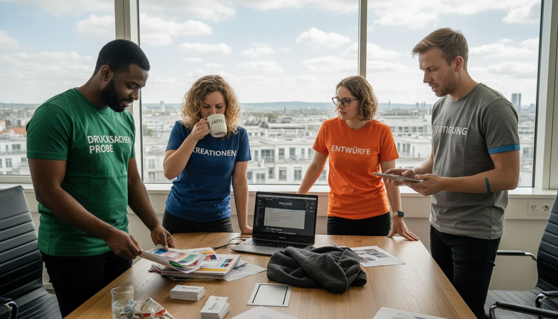 Mitarbeiter in individuell gestalteten Shirts begutachten gemeinsam verschiedene Druckmuster und tauschen sich darüber aus.
