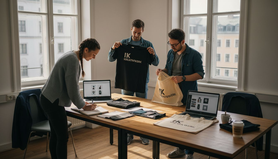 Das Team begutachtet im Büro die neuen Firmen-Textilien.