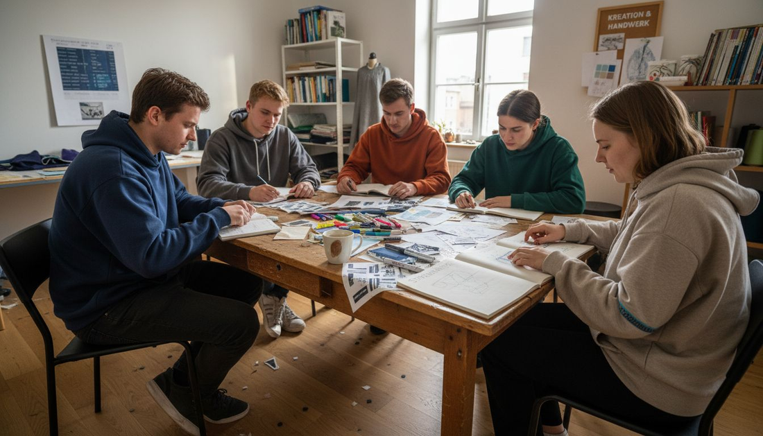 Das Team begutachtet gemeinsam im Büro die neuen Hoodie-Entwürfe.