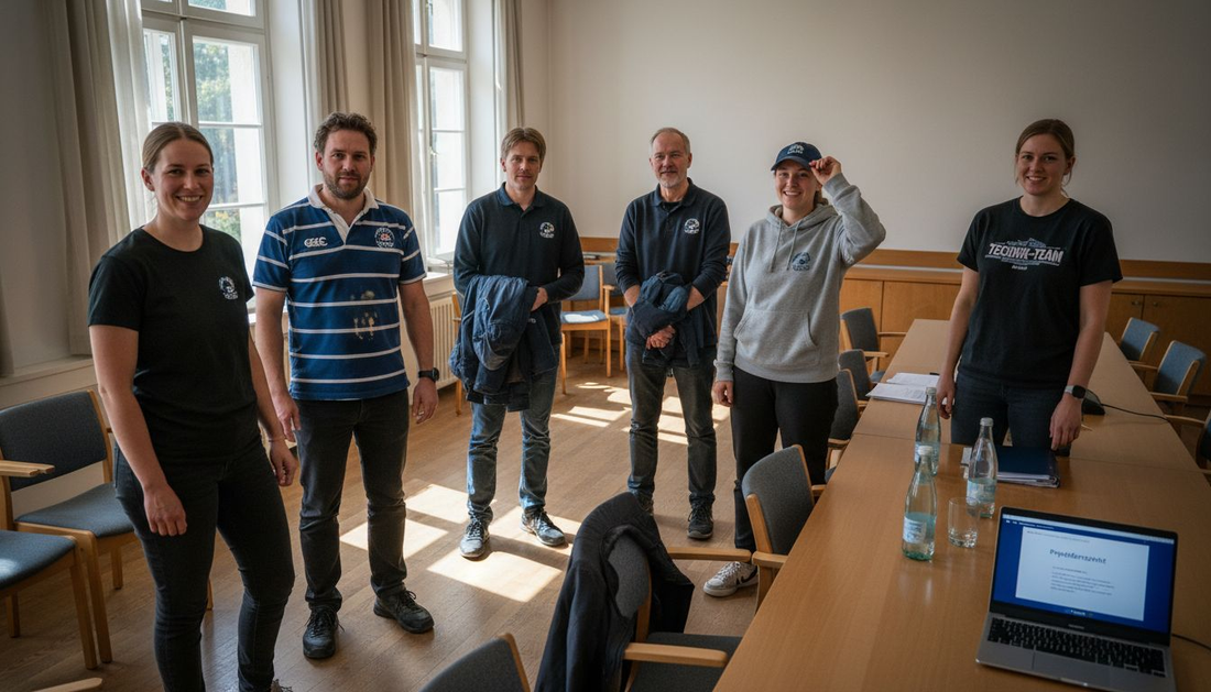 Eine Gruppe von Kolleginnen und Kollegen in unterschiedlichen Team-Outfits trifft sich im Besprechungsraum.