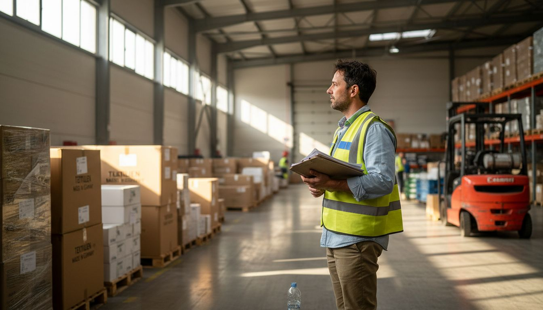 Der Logistikleiter überprüft die eingelagerten Textilien in der Halle.