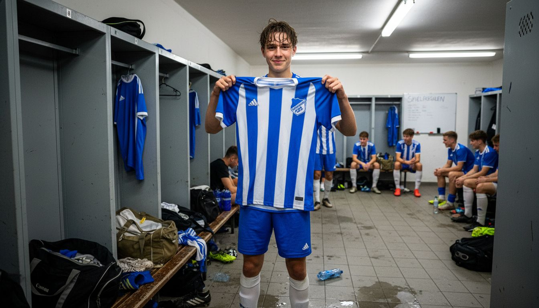 Ein Fußballspieler präsentiert stolz das Trikot seiner Mannschaft in der Umkleidekabine.
