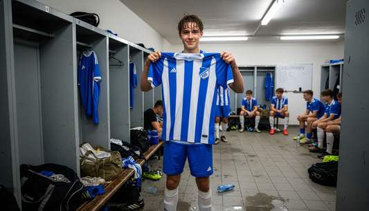 Ein Fußballspieler präsentiert stolz das Trikot seiner Mannschaft in der Umkleidekabine.