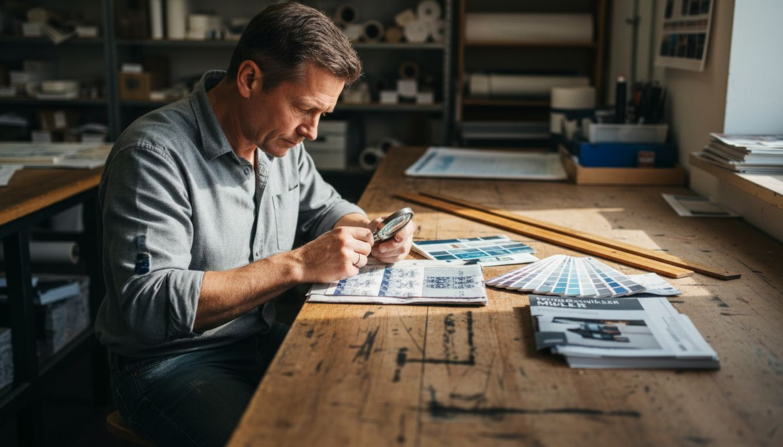 Ein Mitarbeiter begutachtet einen Probedruck in der Werkstatt.