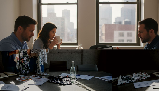 Ein Mitarbeiter begutachtet ein frisch bedrucktes T-Shirt in der Druckwerkstatt.