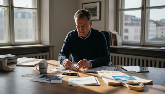 Ein Mann sichtet an seinem Schreibtisch verschiedene Werbeartikel.