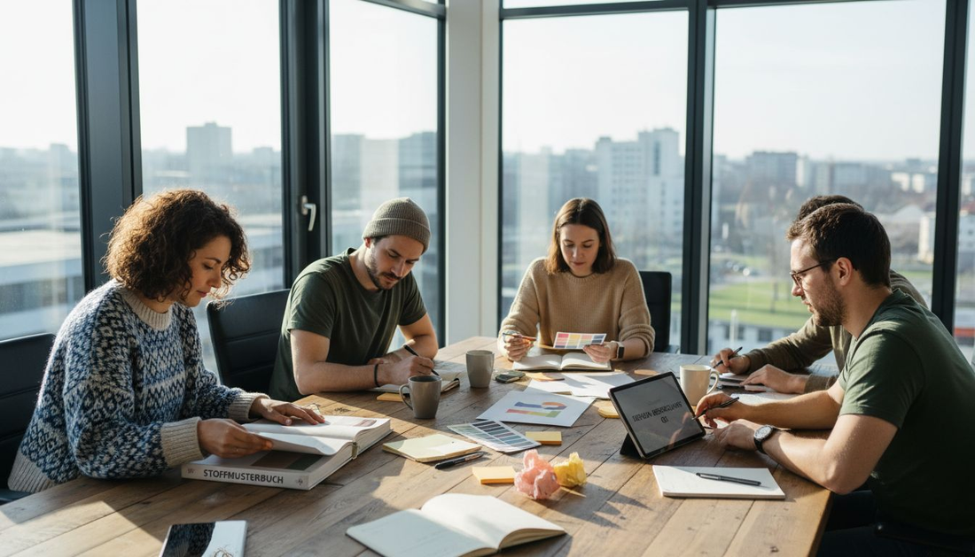 Das Team sitzt gemeinsam am Tisch und diskutiert das neue Design für die Firmenkleidung.