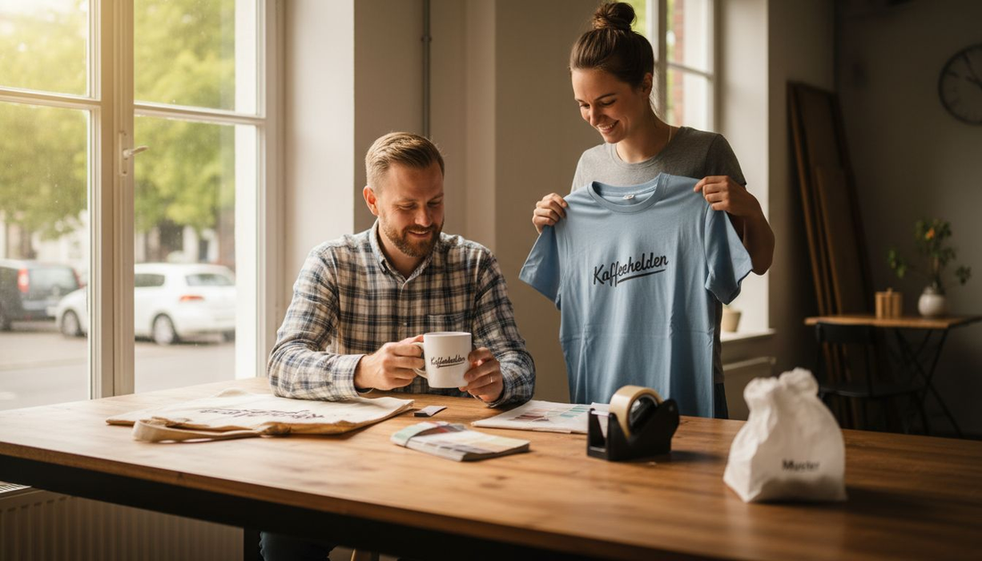 Zwei Leute begutachten verschiedene Fanartikel.