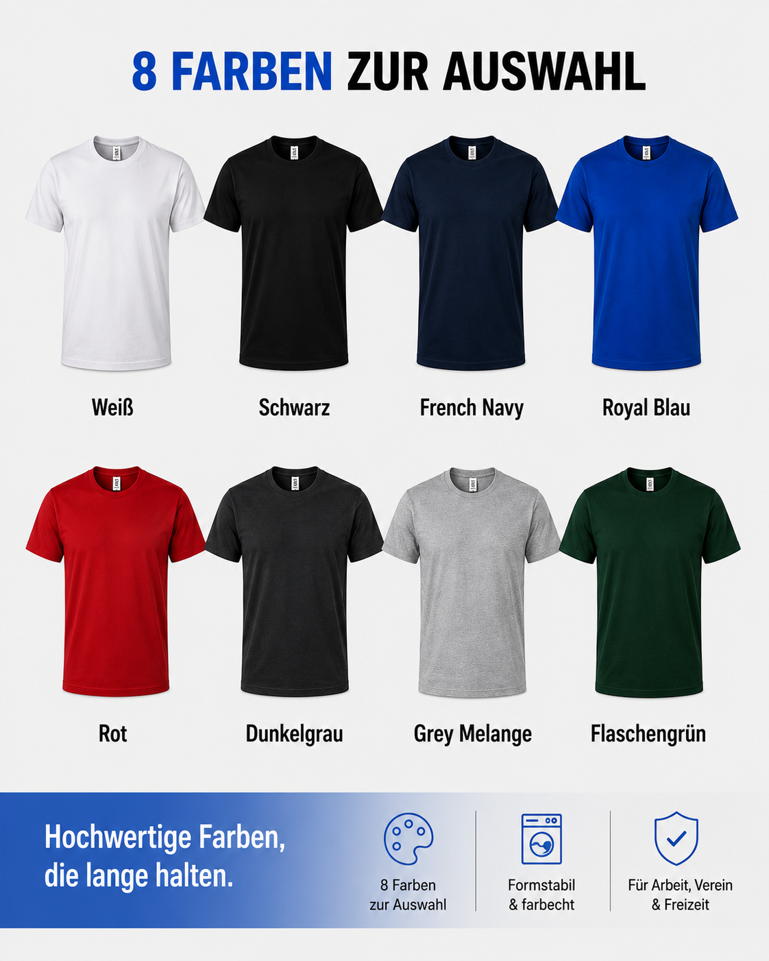 Acht verfügbare Shirtfarben des Teamdrucker Classic Bundles